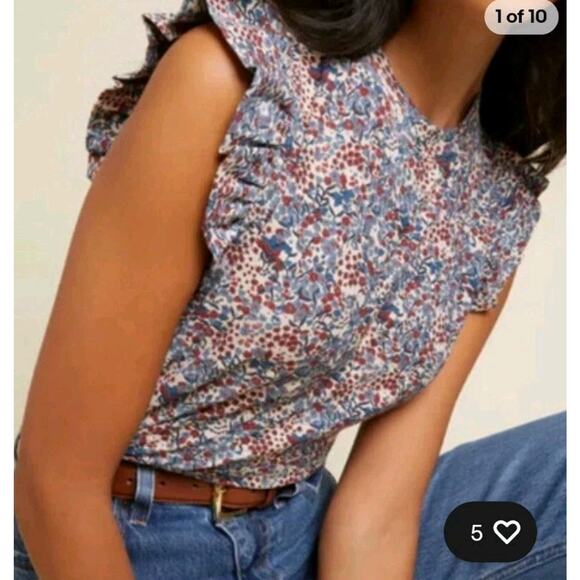 Nation Ltd Womens Small Top Flutter Sleeve 100% Pima Cotton Floral Ruffles Tank - Picture 1 of 10